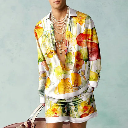 Men's Tropical Print Shirt and Shorts Set