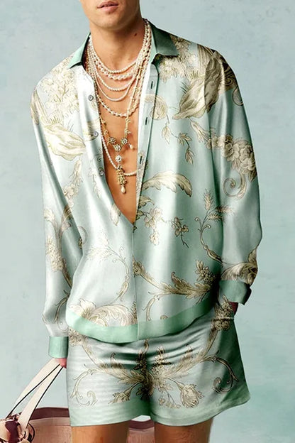 Men's Tropical Print Shirt and Shorts Set