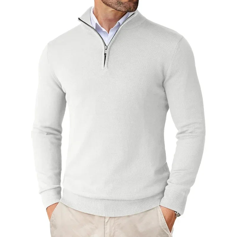 ILYNORA men's white classic half-zip sweater with smart collar and clean tailored fit for versatile styling