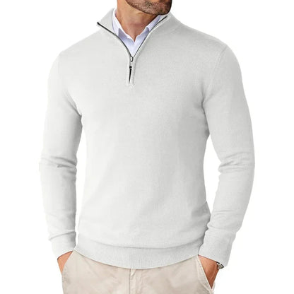 ILYNORA men's white classic half-zip sweater with smart collar and clean tailored fit for versatile styling