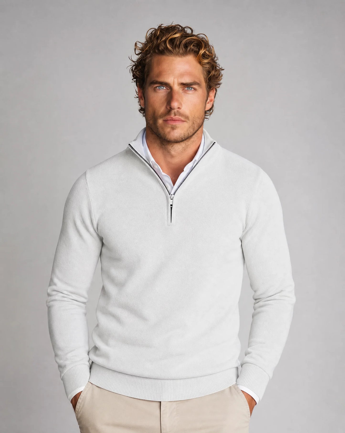 Men's white half-zip knit sweater by ILYNORA with refined fit and classic smart casual styling