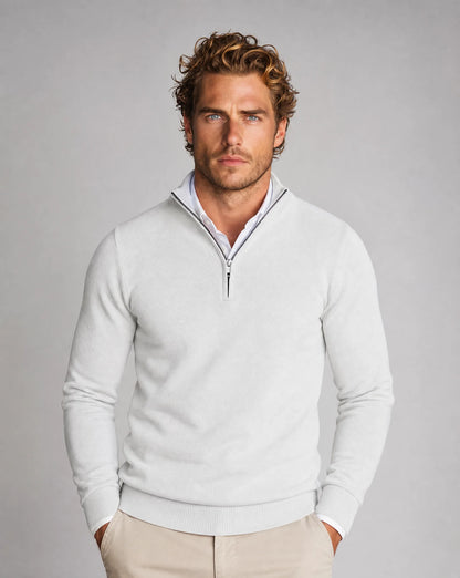 Men's white half-zip knit sweater by ILYNORA with refined fit and classic smart casual styling