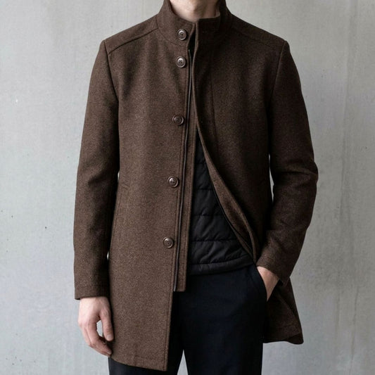 Men's Wool Insulated Button-Up Overcoat Stand Collar