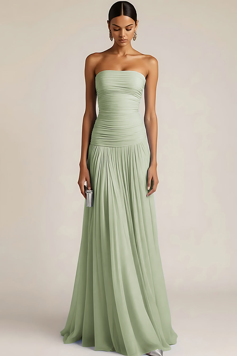 ILYNORA mint green ruched maxi bridesmaid dress front view