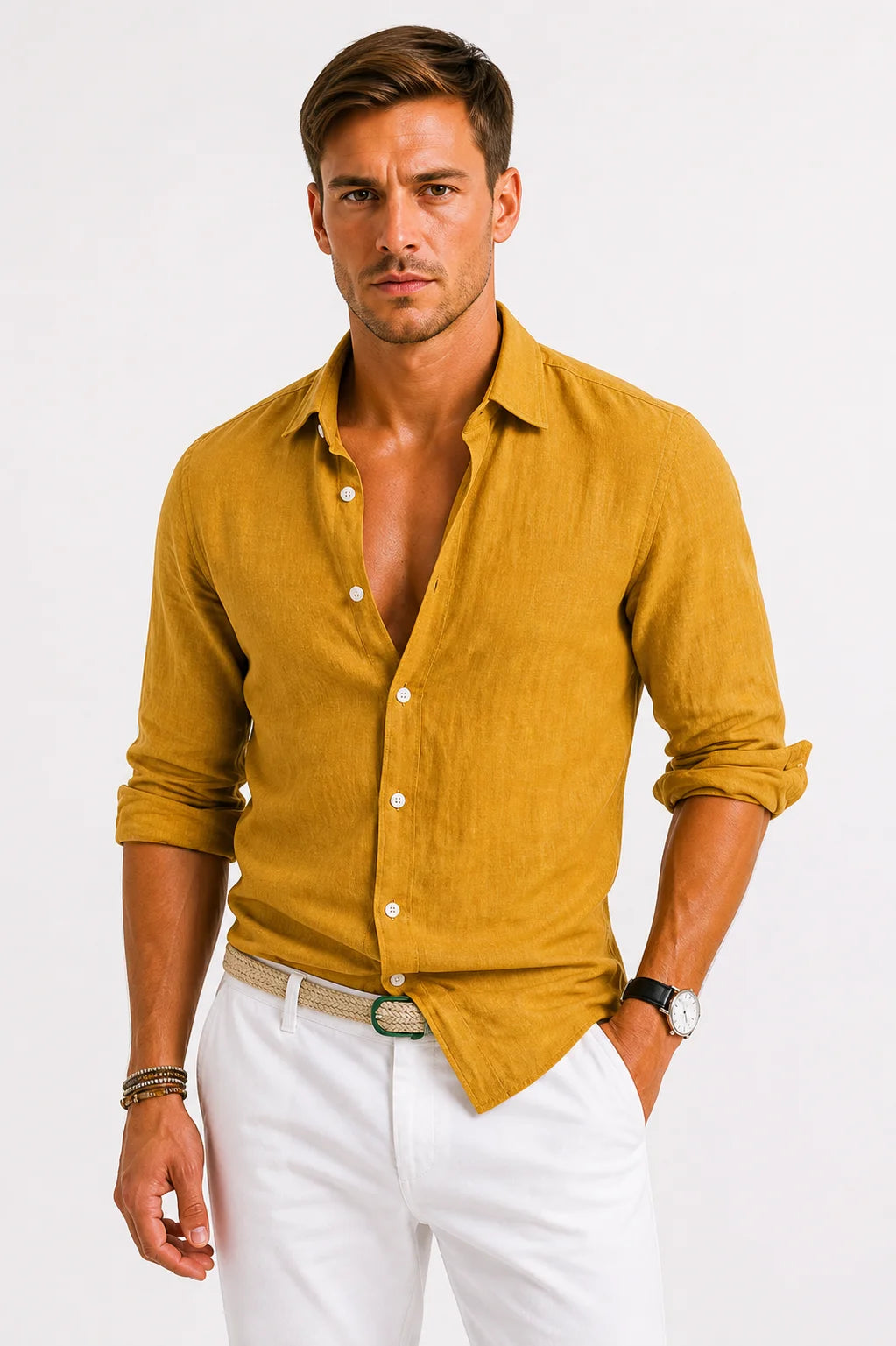 ILYNORA mustard linen button-up shirt front view