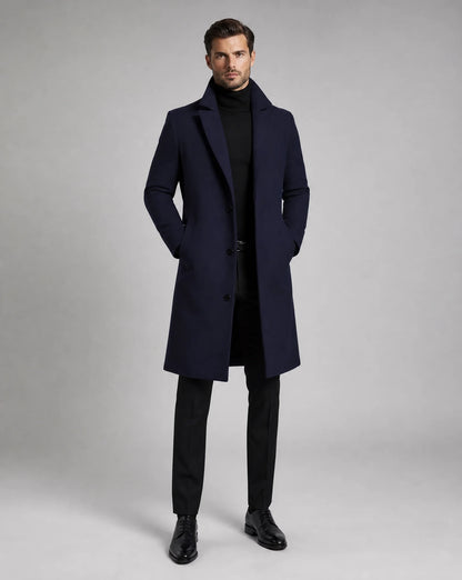 ILYNORA navy blue classic tailored long overcoat front view