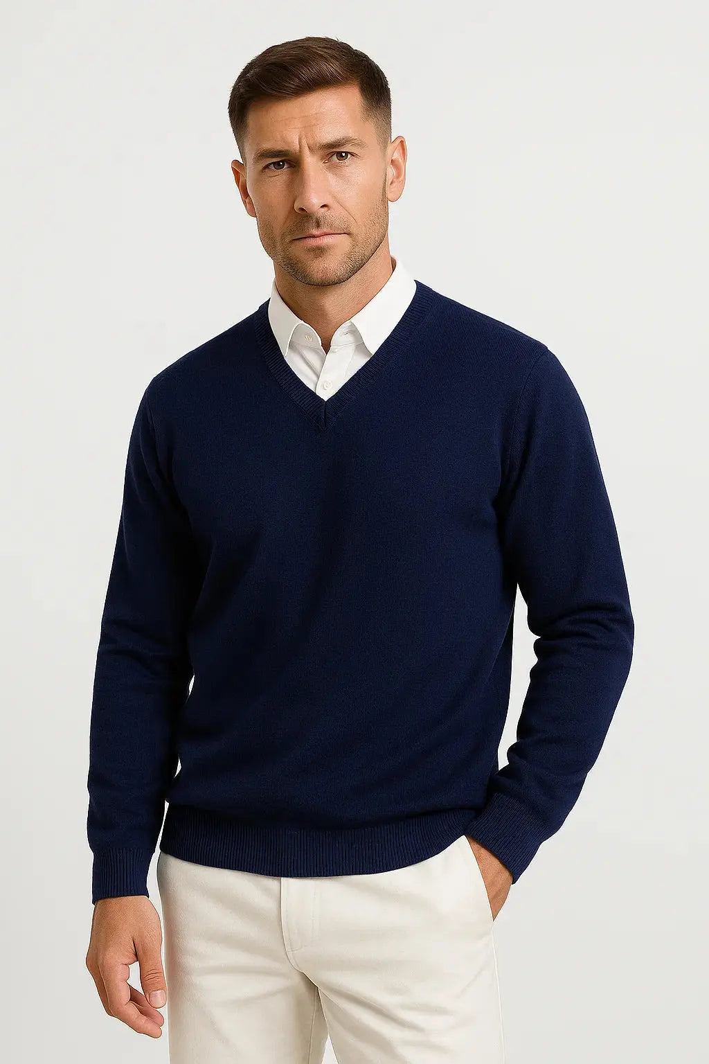ILYNORA navy blue V-neck slim fit knit sweater front view
