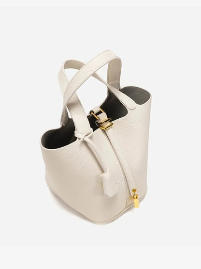 Textured Leather Bucket Bag with Gold Lock