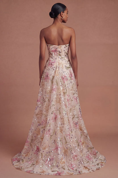 ILYNORA pink strapless floral A-line prom dress back view