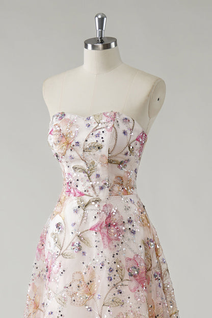 ILYNORA pink strapless floral A-line prom dress embroidered bodice detail