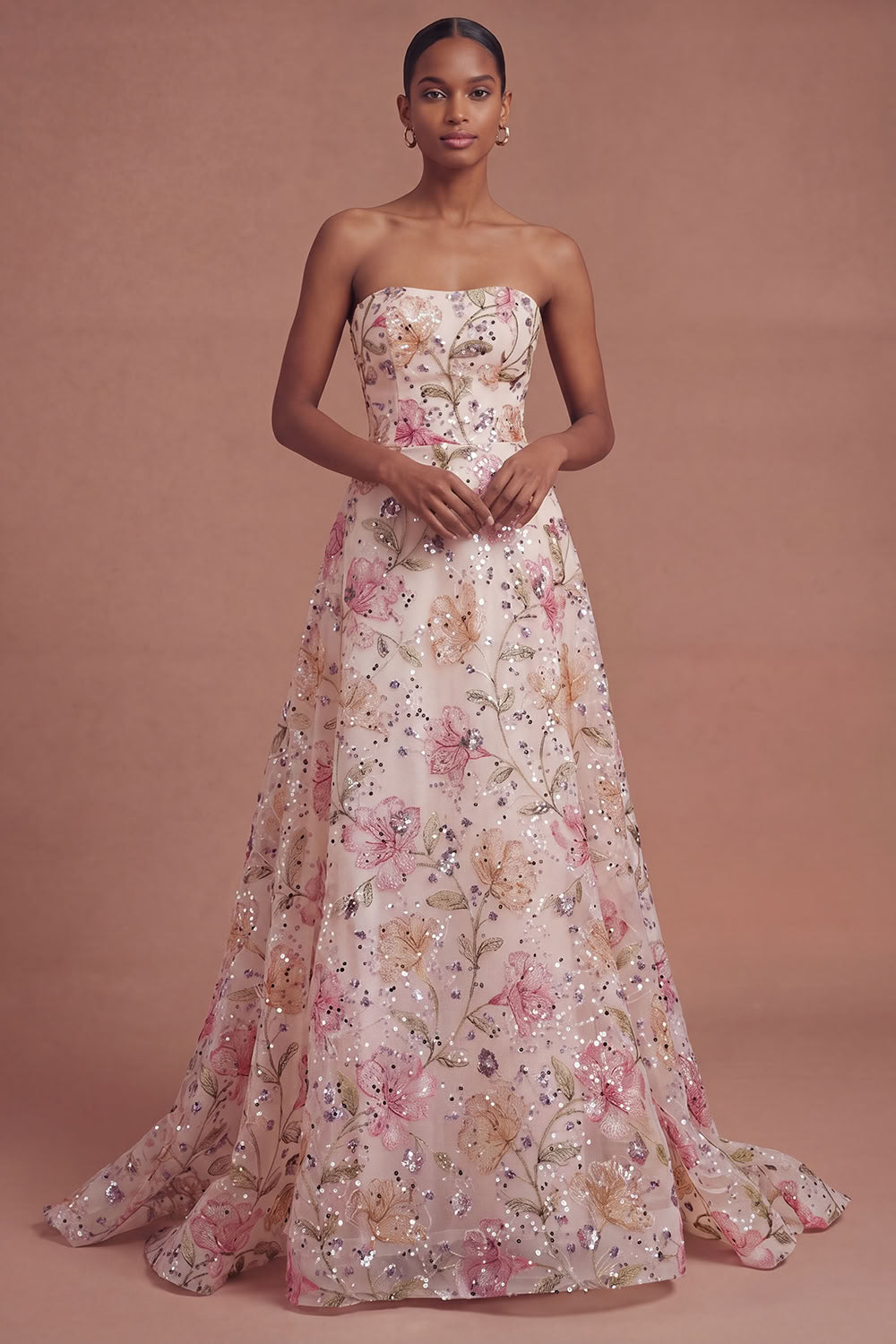 ILYNORA pink strapless floral A-line prom dress with sequin embroidery front view