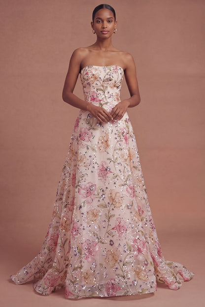 ILYNORA pink strapless floral A-line prom dress with sequin embroidery front view