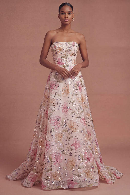 ILYNORA pink strapless floral A-line prom dress with sequin embroidery front view