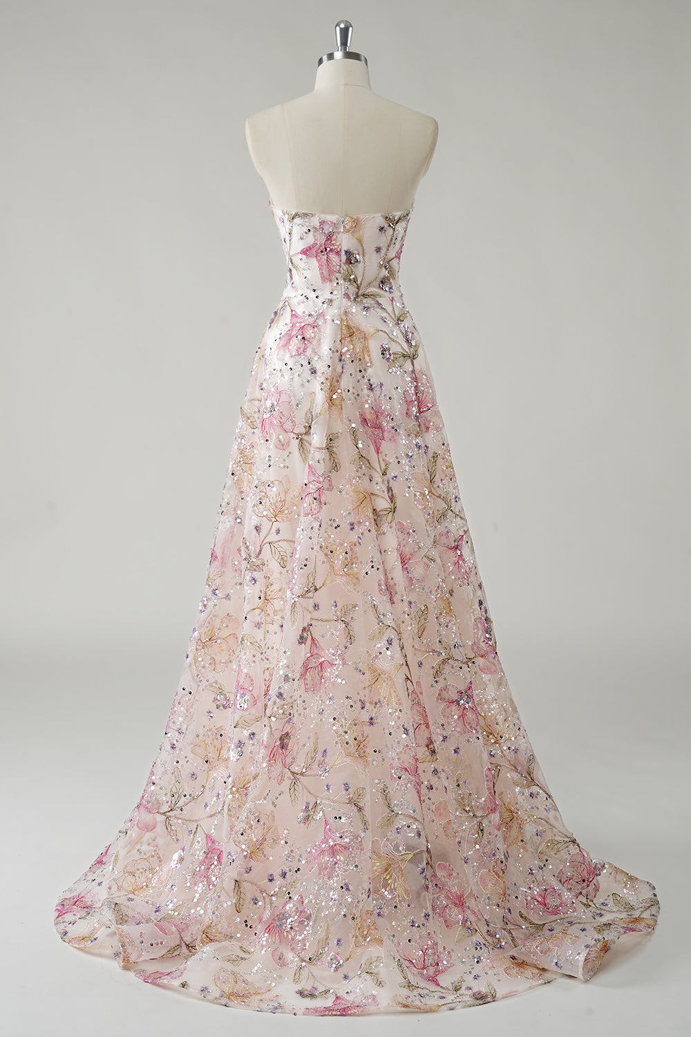 ILYNORA pink strapless floral A-line prom dress rear view on mannequin