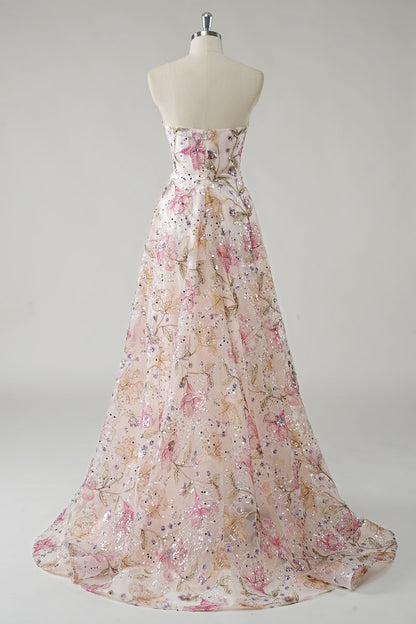 ILYNORA pink strapless floral A-line prom dress rear view on mannequin