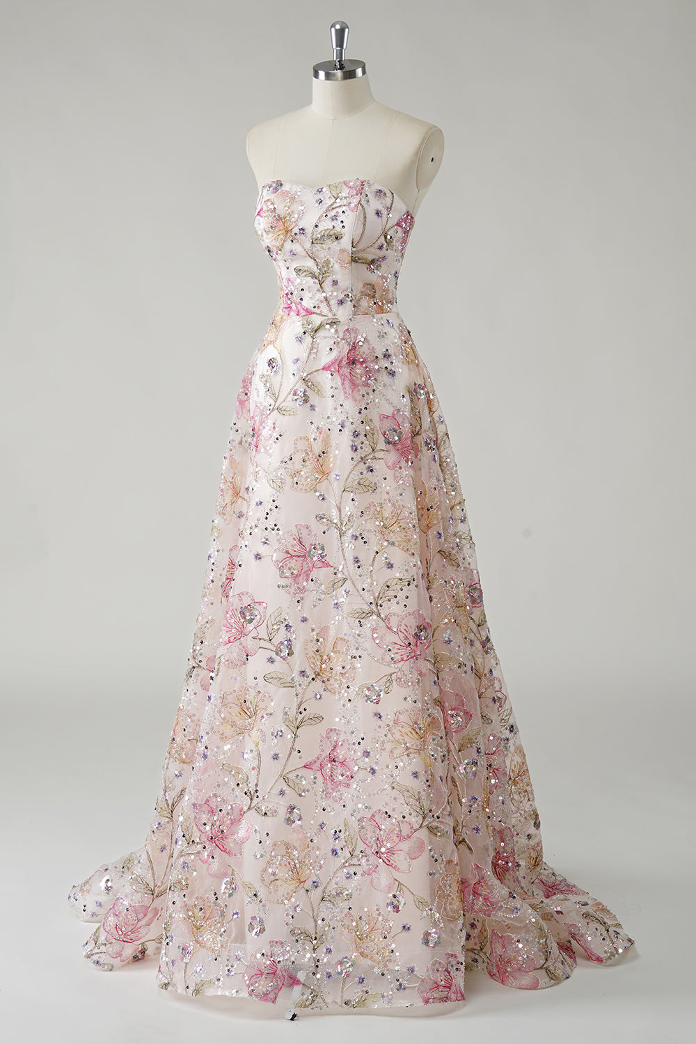 ILYNORA pink floral embroidered strapless prom dress full-length mannequin display