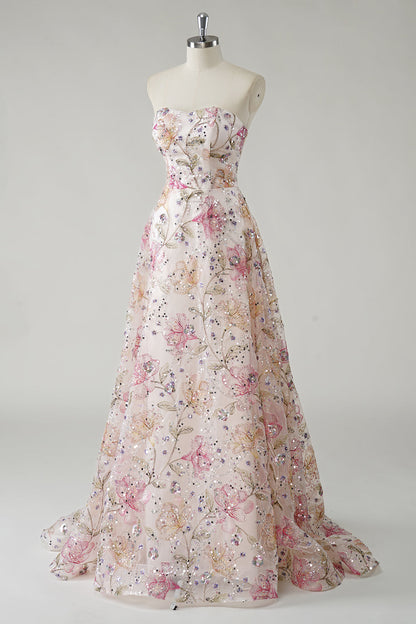 ILYNORA pink floral embroidered strapless prom dress full-length mannequin display