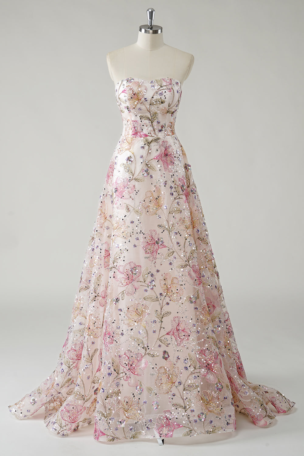 ILYNORA pink strapless floral A-line prom dress on mannequin
