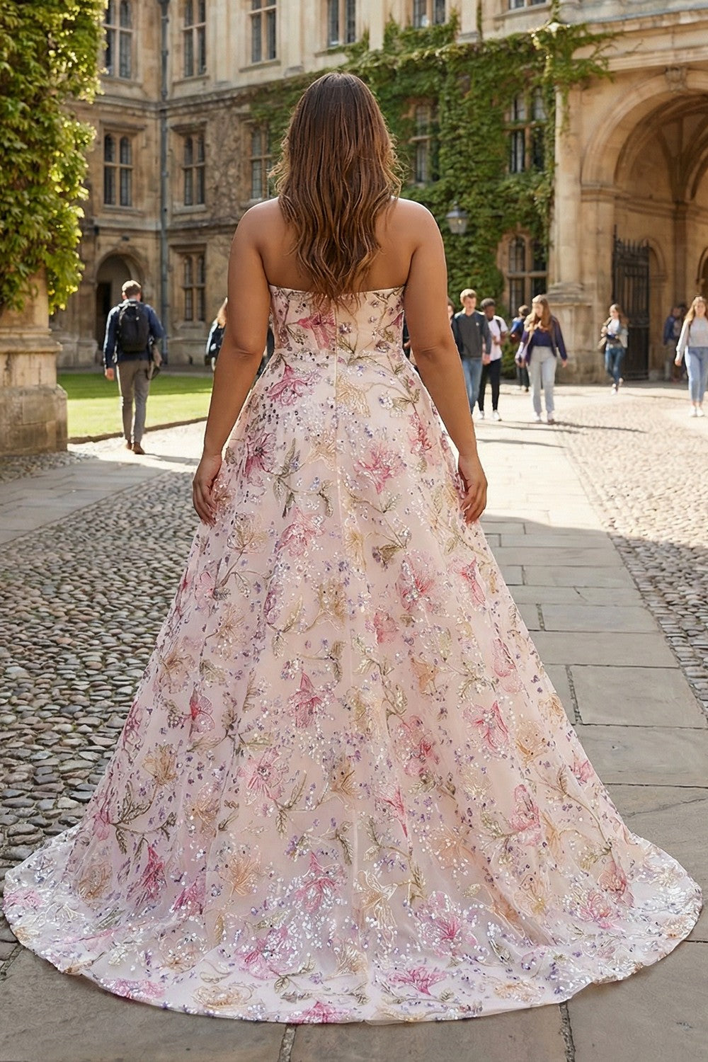 ILYNORA pink strapless floral A-line prom dress worn outdoors back view