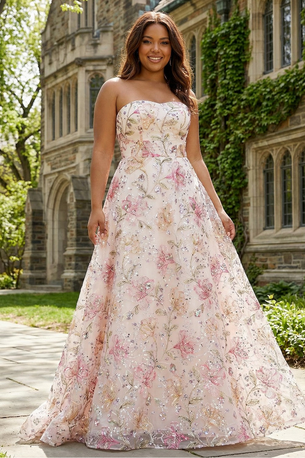 ILYNORA pink strapless floral A-line prom dress worn outdoors front view