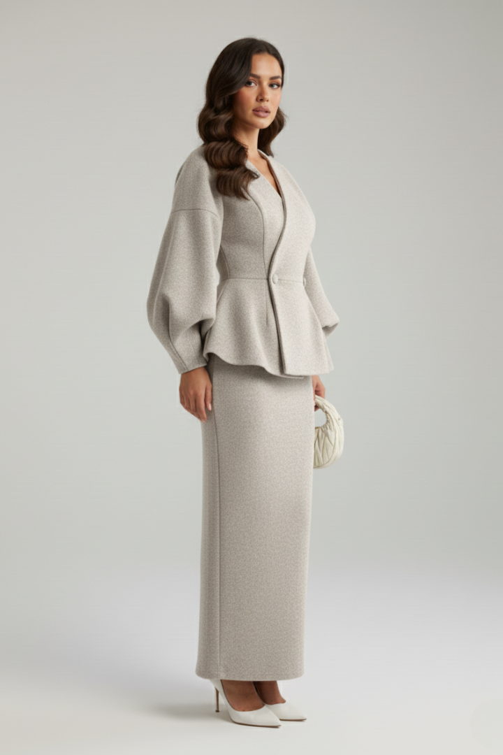 Puff Sleeve Blazer and Midi Skirt Co Ord Set