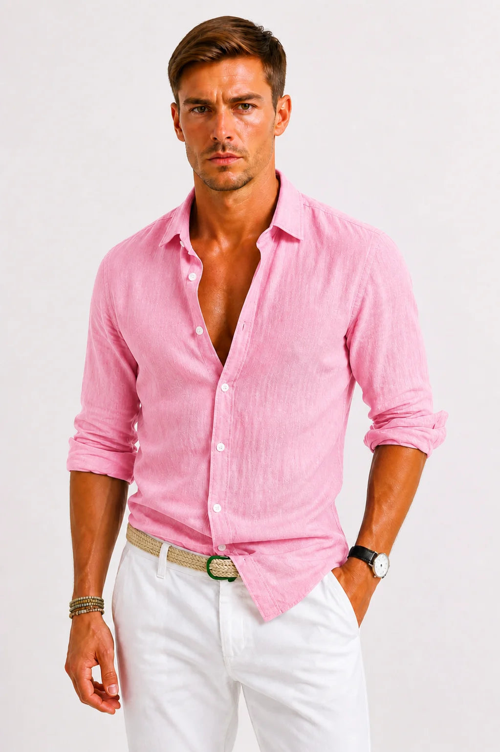 ILYNORA rose linen button-up shirt front view