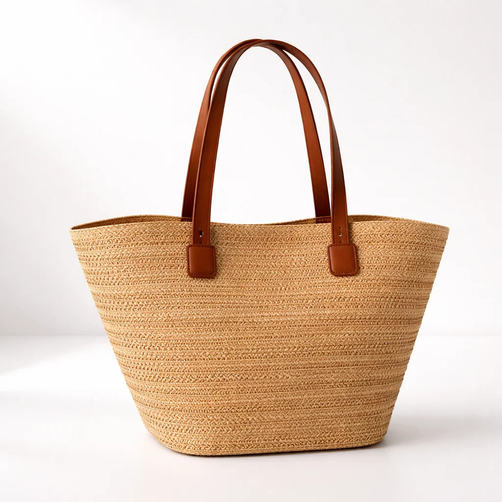ILYNORA sand and beige woven straw summer tote bag with brown handles and spacious carry design