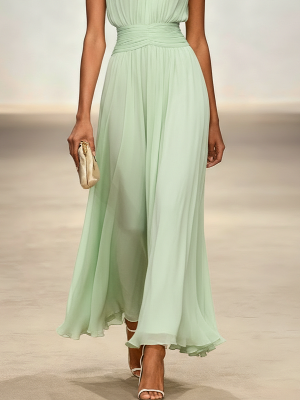 Sleeveless Ruched A-Line Wedding Guest Maxi Dress