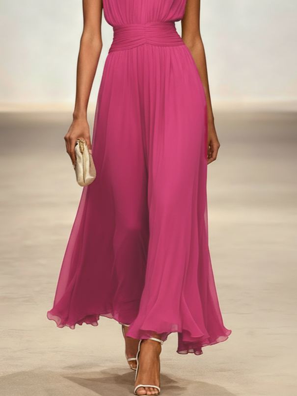 Sleeveless Ruched A-Line Wedding Guest Maxi Dress