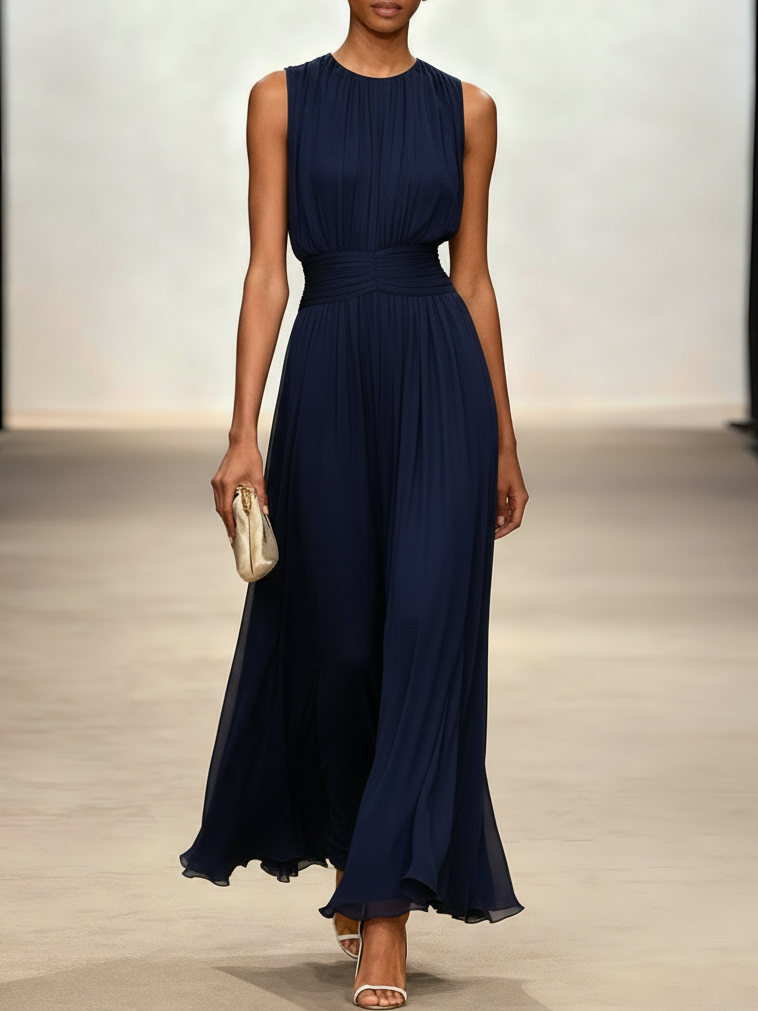 Sleeveless Ruched A-Line Wedding Guest Maxi Dress