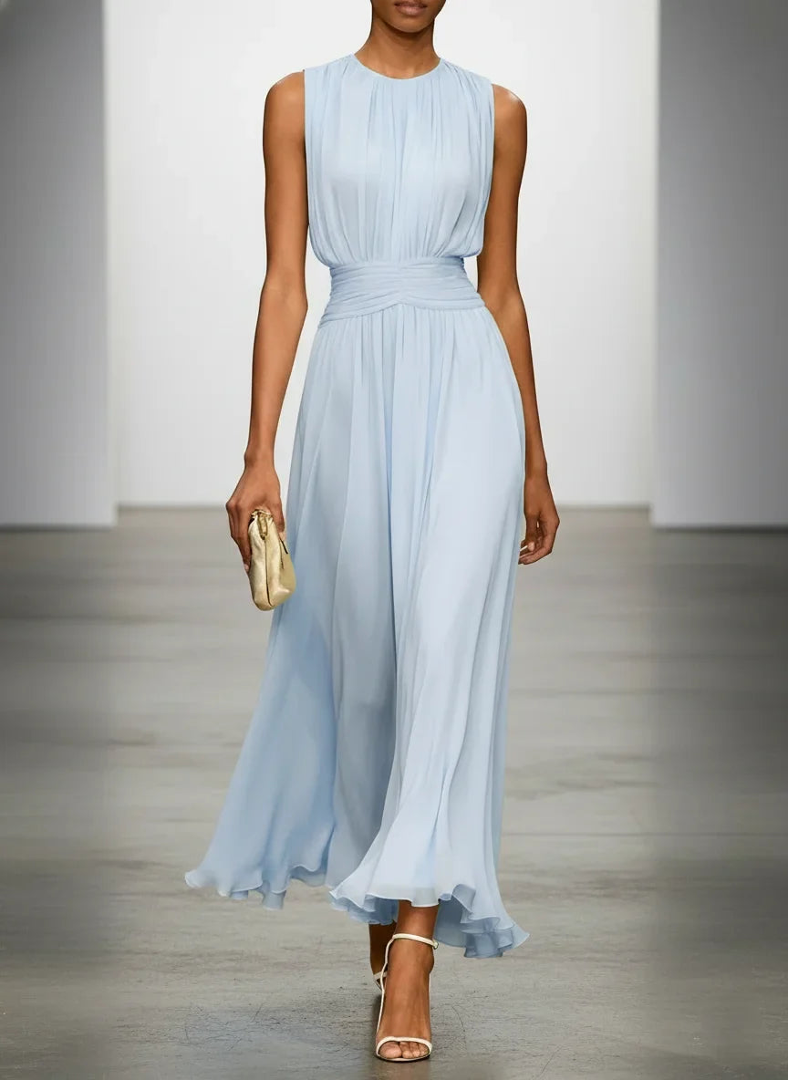 Sleeveless Ruched A-Line Wedding Guest Maxi Dress