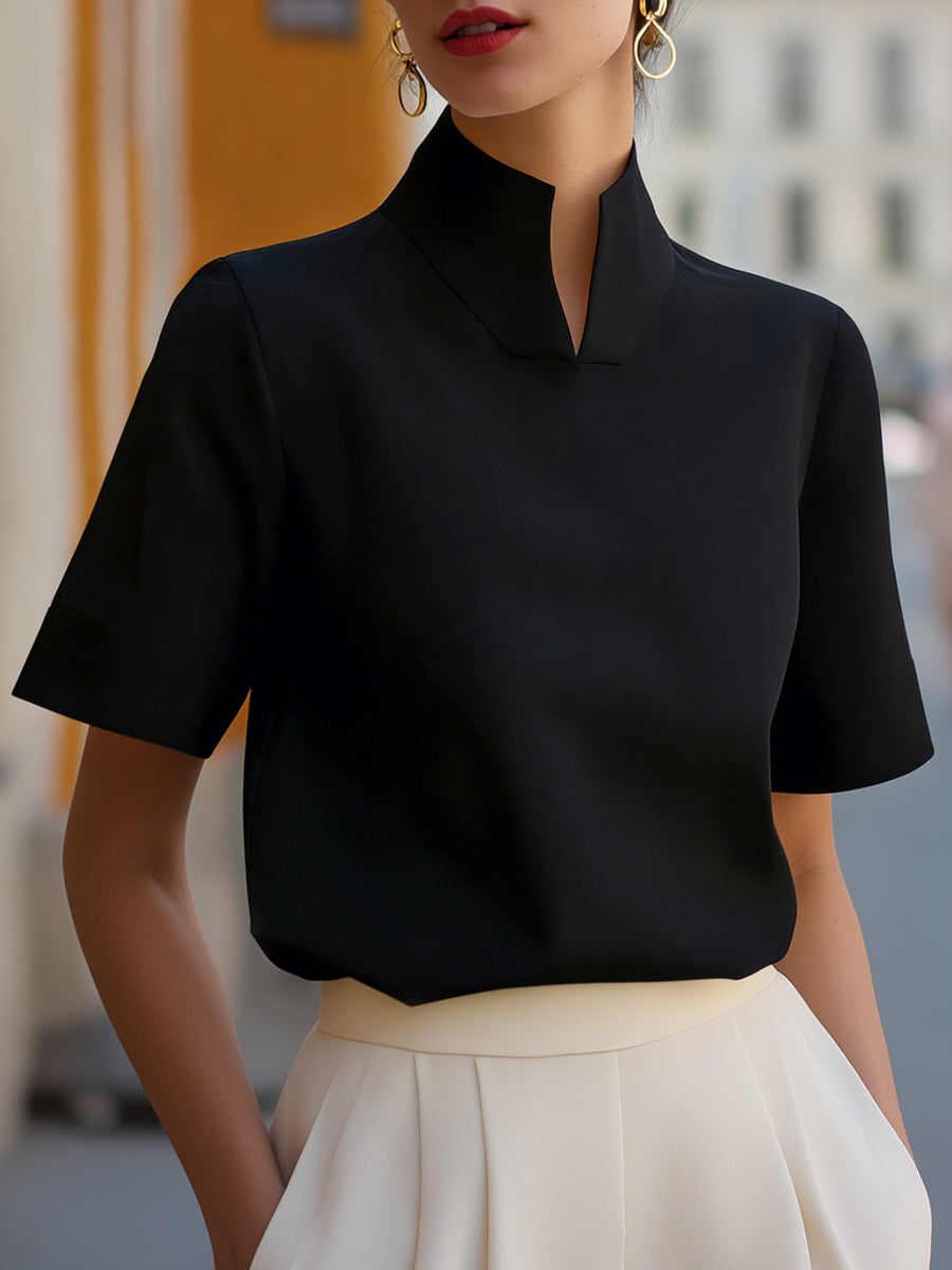Stand Collar Short Sleeve Work Blouse