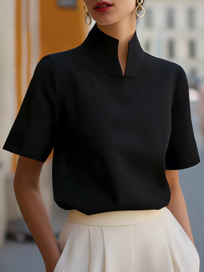 Stand Collar Short Sleeve Work Blouse