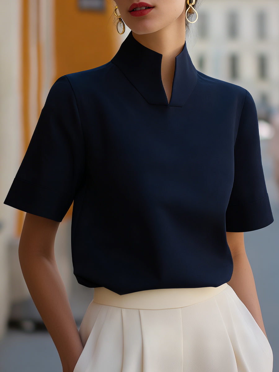 Stand Collar Short Sleeve Work Blouse
