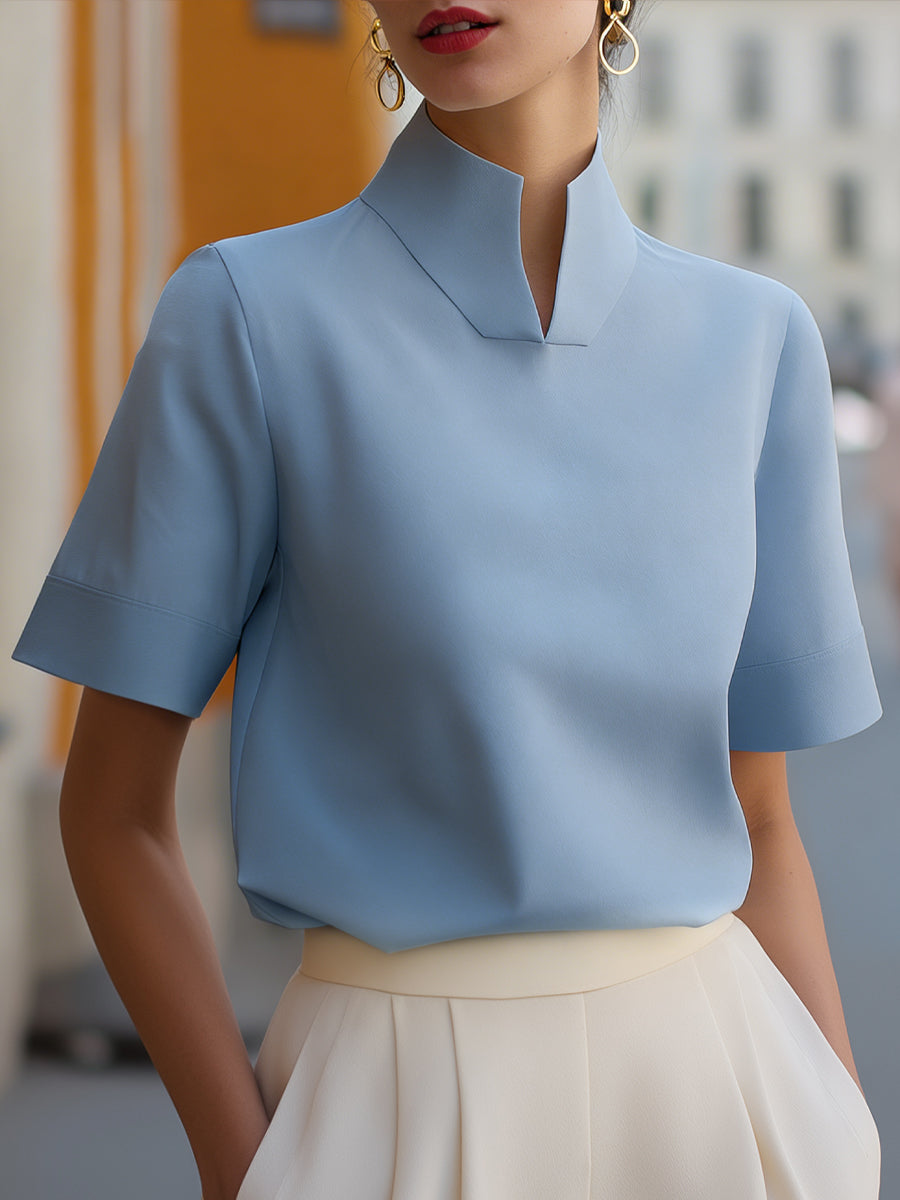 Stand Collar Short Sleeve Work Blouse