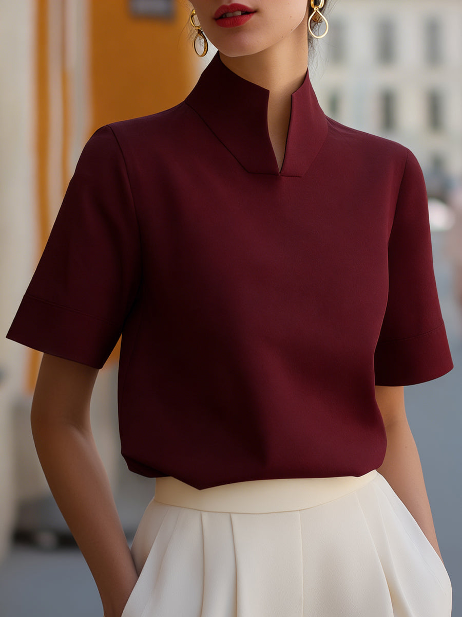 Stand Collar Short Sleeve Work Blouse