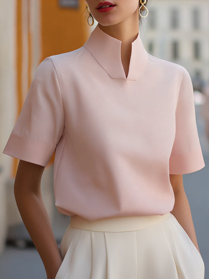 Stand Collar Short Sleeve Work Blouse