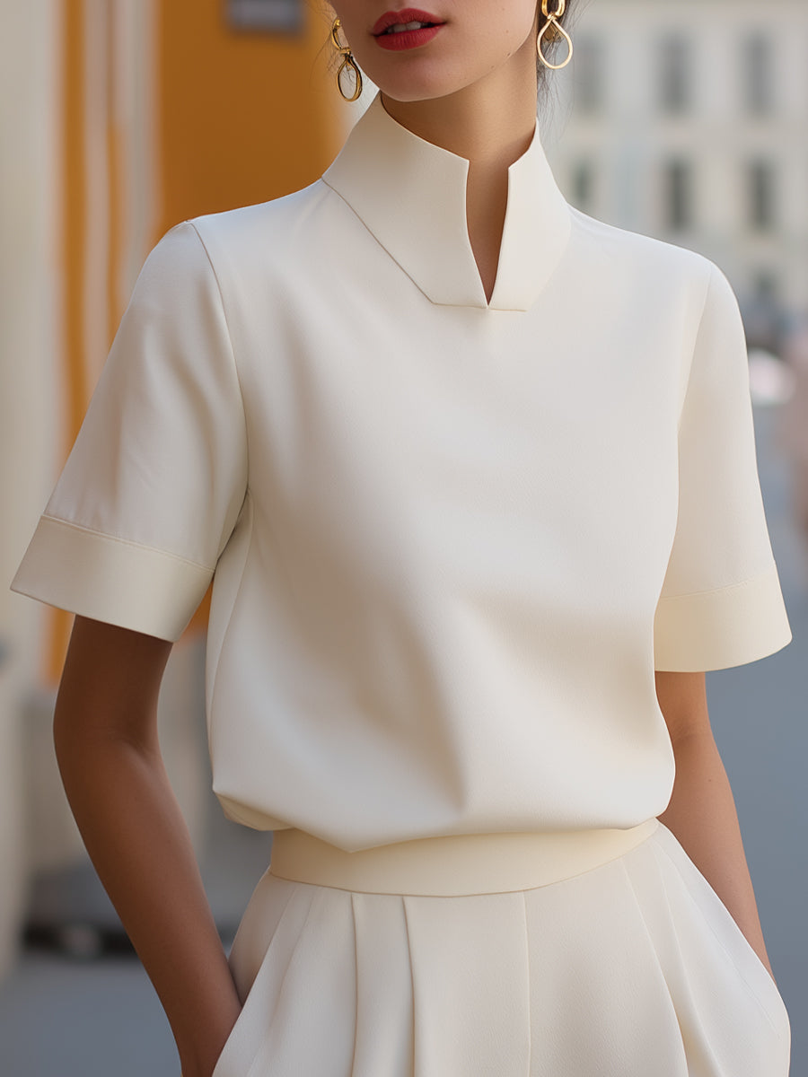 Stand Collar Short Sleeve Work Blouse