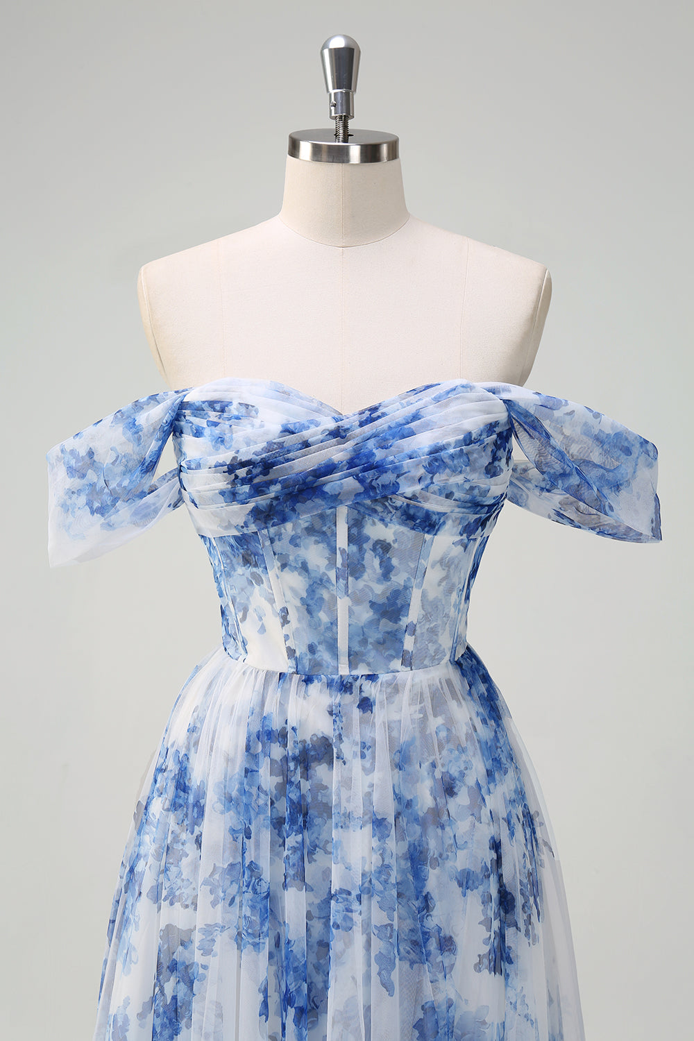 ILYNORA white and blue floral tulle bridesmaid dress off-shoulder bodice detail