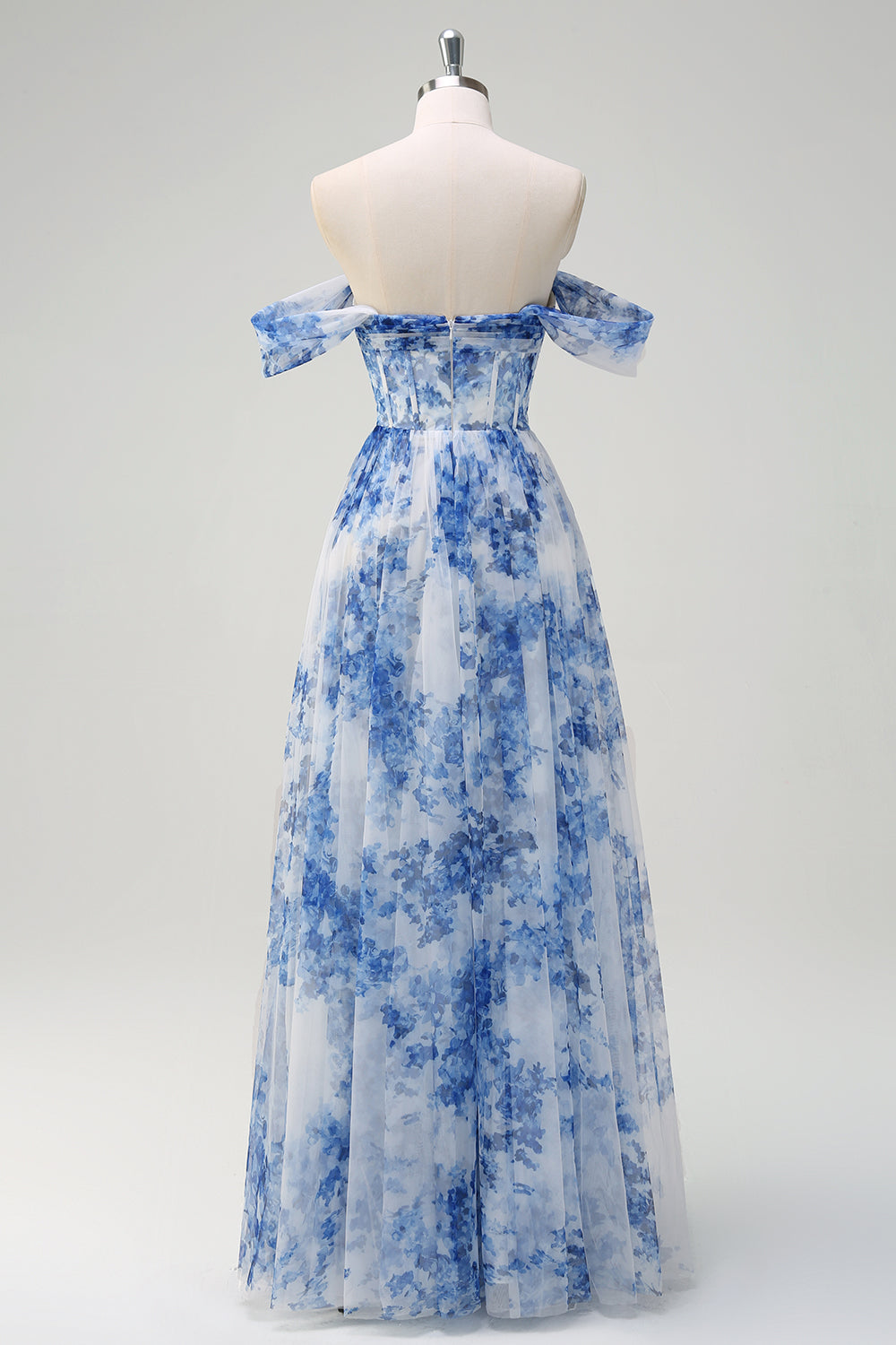 ILYNORA white and blue floral tulle bridesmaid dress on mannequin back view