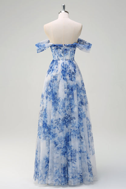ILYNORA white and blue floral tulle bridesmaid dress on mannequin back view