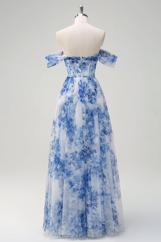 ILYNORA white and blue floral tulle bridesmaid dress on mannequin back view