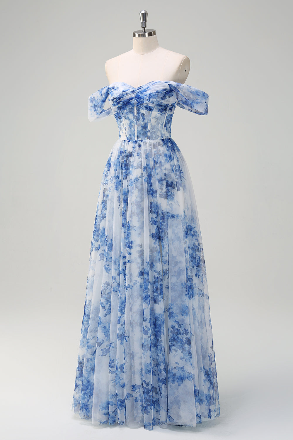 ILYNORA white and blue floral tulle bridesmaid dress on mannequin front view