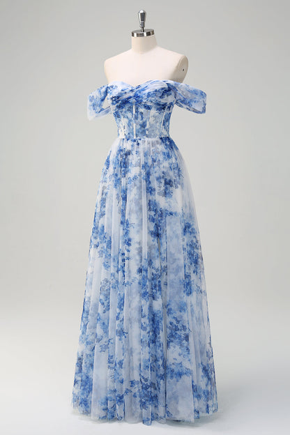 ILYNORA white and blue floral tulle bridesmaid dress on mannequin front view