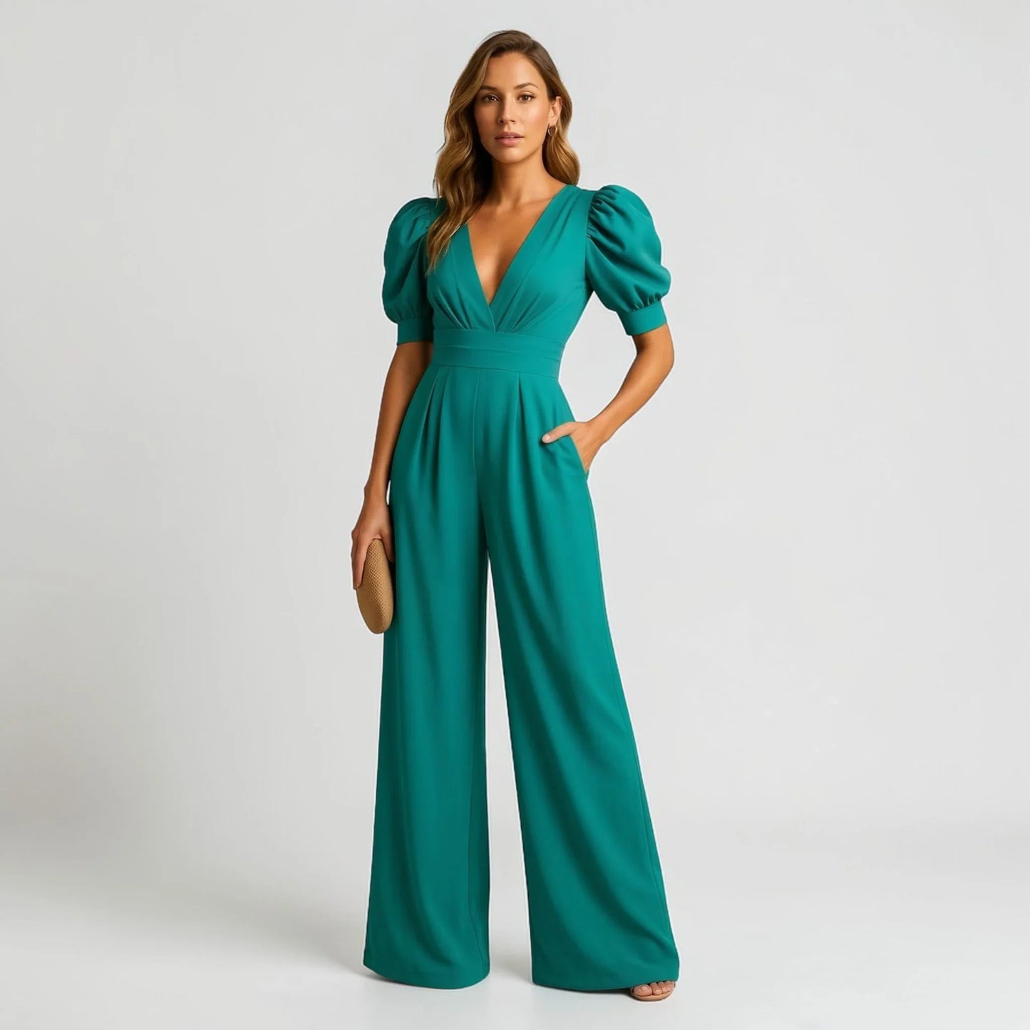 Wide Leg Puff Sleeve Tailored Jumpsuit