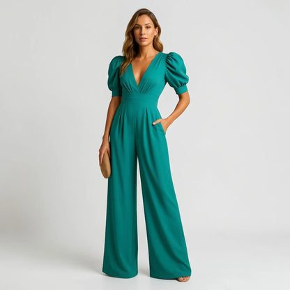 Wide Leg Puff Sleeve Tailored Jumpsuit