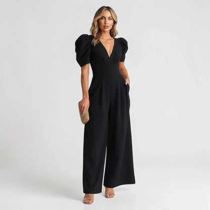 Wide Leg Puff Sleeve Tailored Jumpsuit