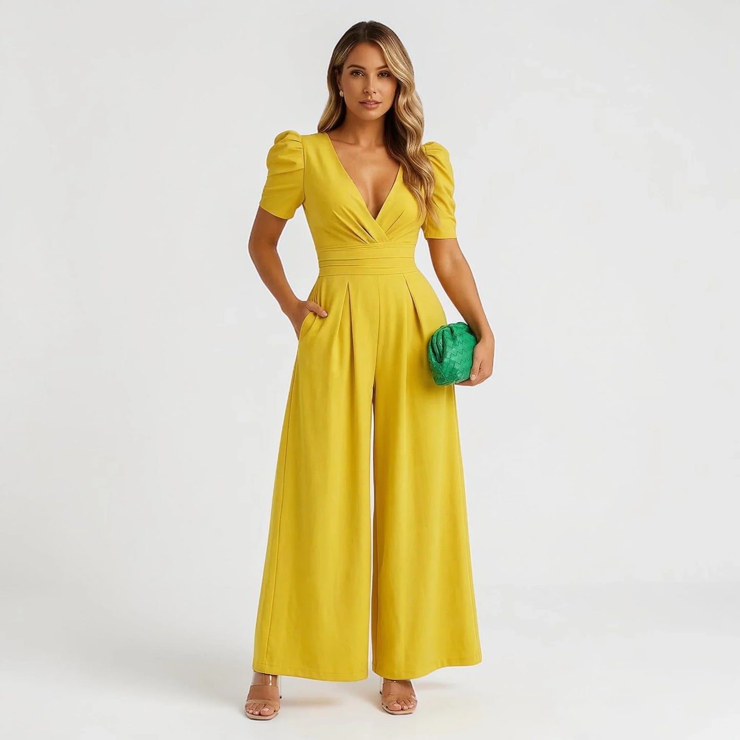 Wide Leg Puff Sleeve Tailored Jumpsuit