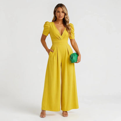 Wide Leg Puff Sleeve Tailored Jumpsuit