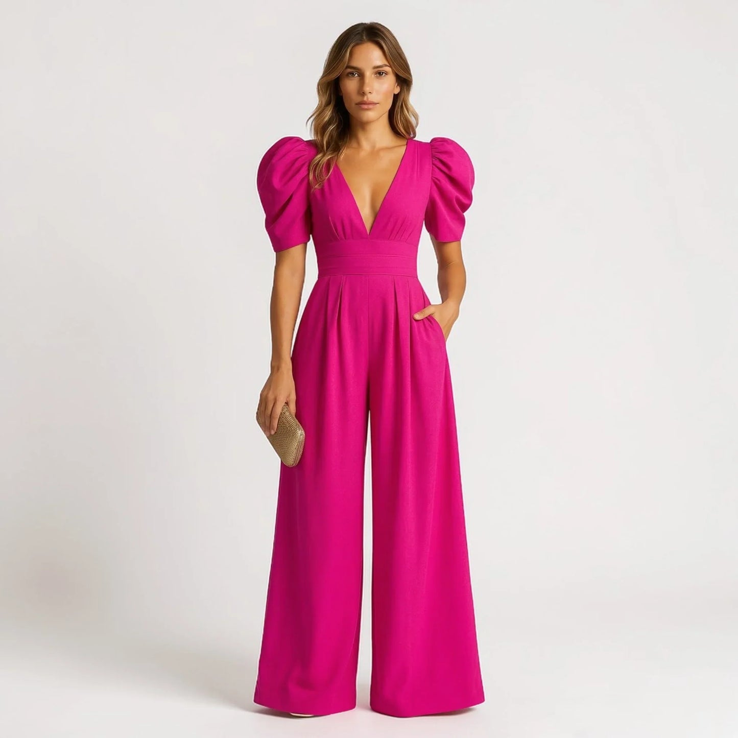 Wide Leg Puff Sleeve Tailored Jumpsuit